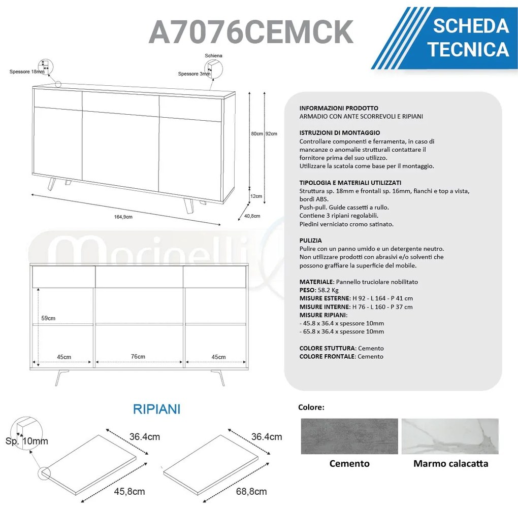 Mobile credenza madia con 3 cassetti cemento calacatta A7076CEMCK