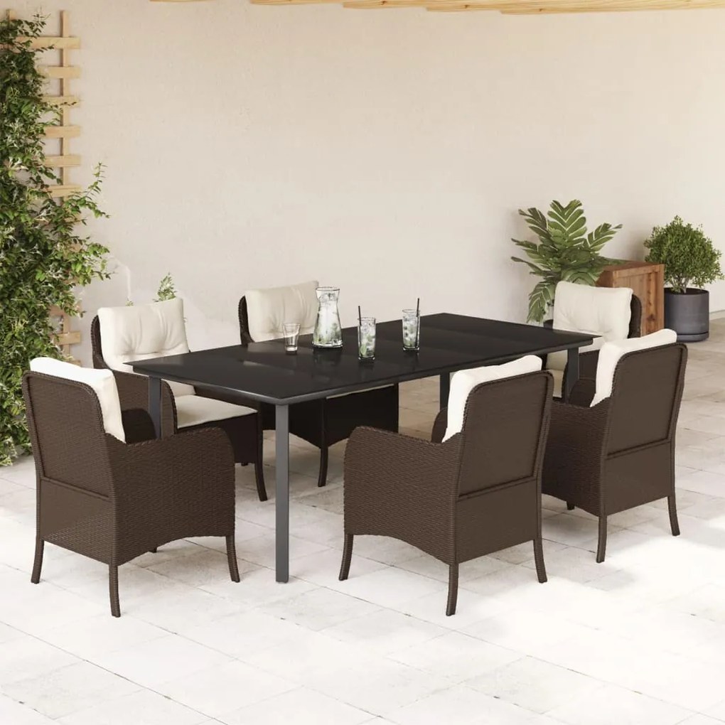 Set da pranzo da giardino 7pz con cuscini in polyrattan marrone