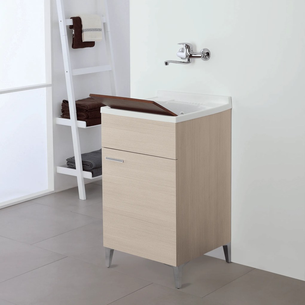 Lavatoio a Terra 50x50 Cm Un'Anta Con Vasca Sifone e Tavoletta In Legno Feridras "Stella" Larice