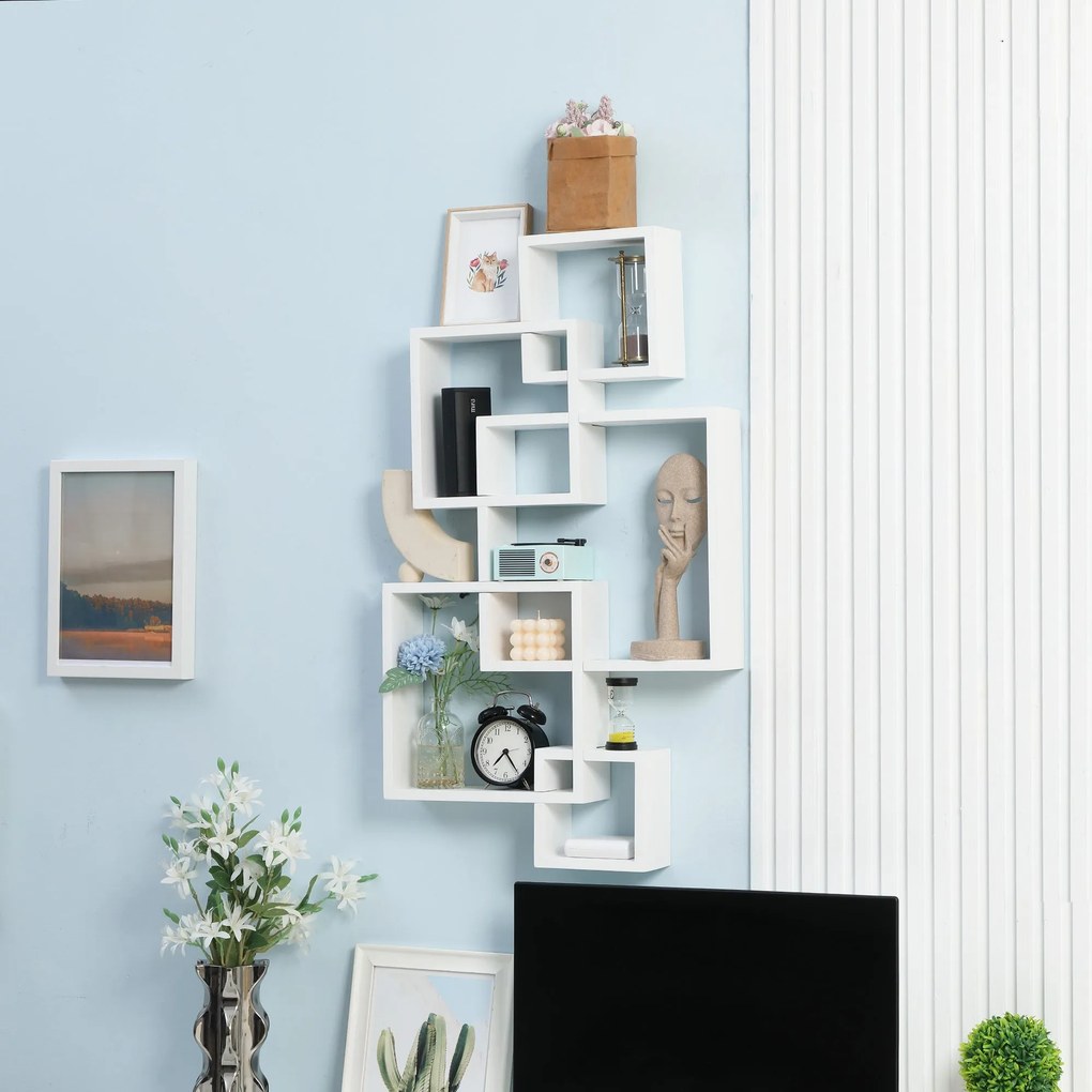 Libreria Moderna Sospesa con 5 Cubi Intrecciati 49,5x10,2x86 cm in Legno Bianco...