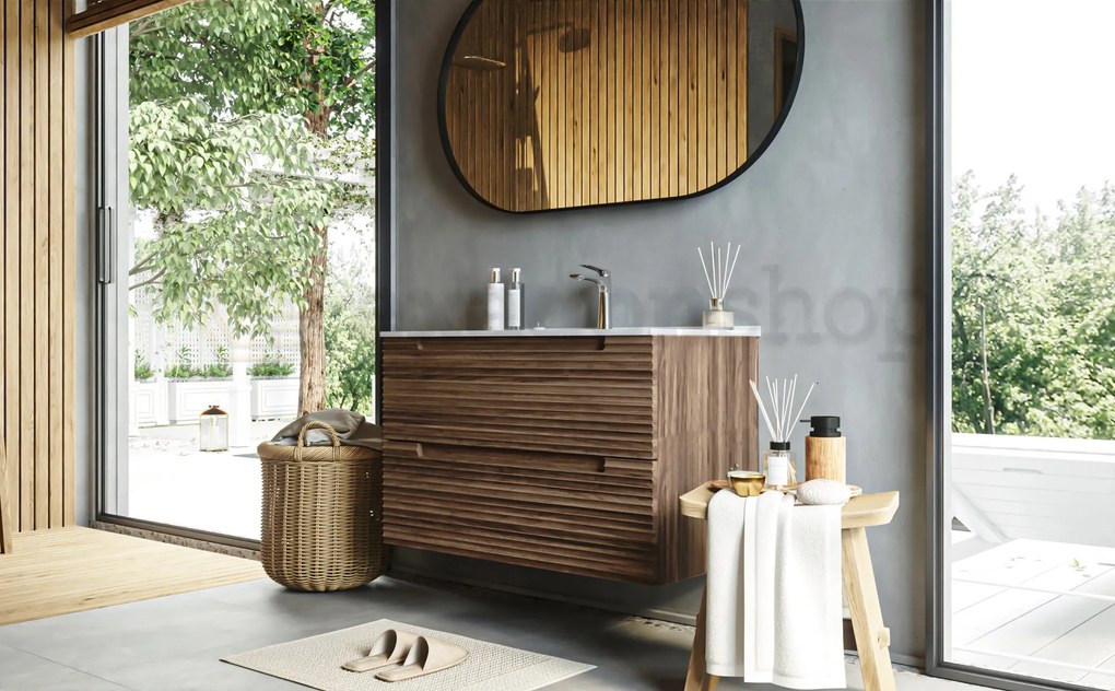 Mobile bagno noce 100x45 Mango due cassetti soft close effetto legno con lavabo in ceramica lucida