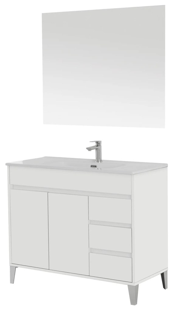 Mobile Bagno a Terra 102 Cm Due Ante Tre Cassetti Specchio 100x80 Cm Feridras "Mondo 2.0" Bianco Opaco/Bianco Laccato