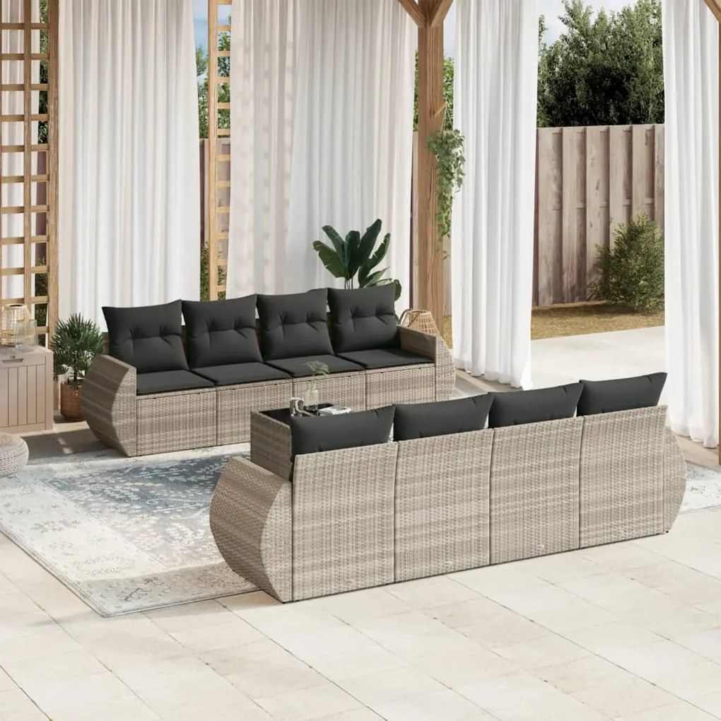 Set divano da giardino 9pz con cuscini grigio chiaro polyrattan