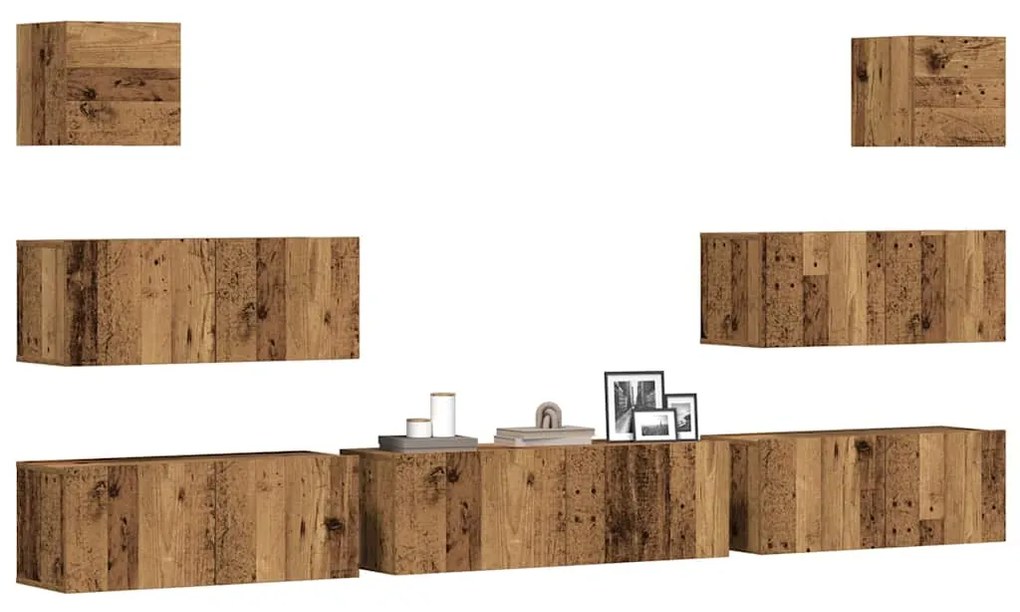 Set Mobile Tv 7 Pz Montato A Parete Legno Antico İn Truciolato /
