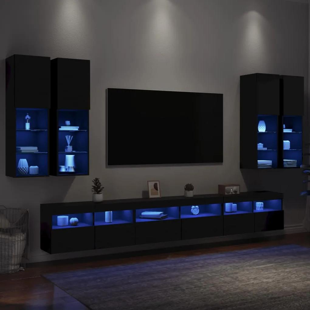 Set mobili tv a muro 7 pz con luci led nero