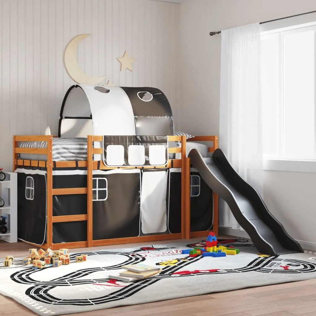 Letto A Castello Con Scivolo E Tende Bianco E Nero 90x200 Cm /