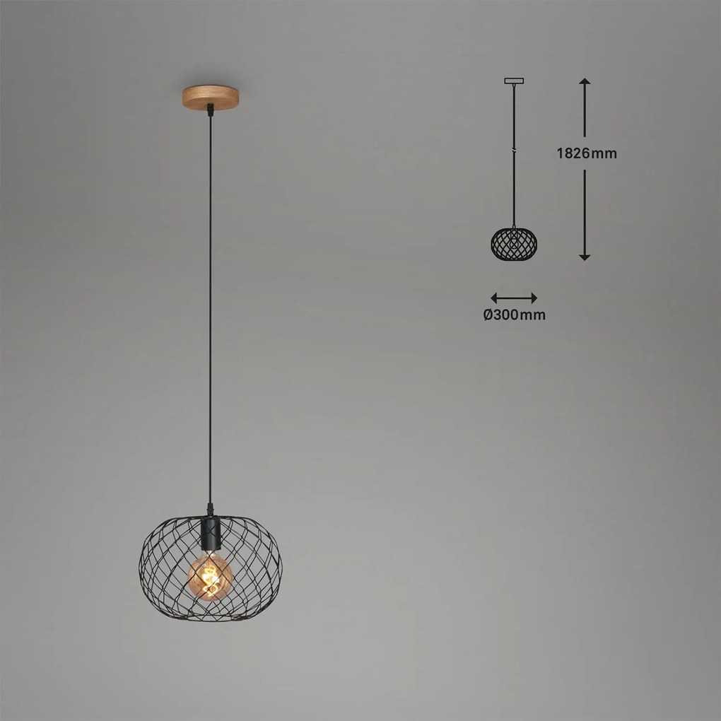 Lampada A Sospensione Vintage Winki Legno Marrone Metallo Nero 1 Luce E27 D.30