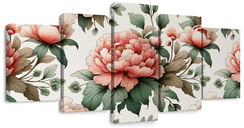 Quadri 5 pezzi – Peonie in tonalità delicate