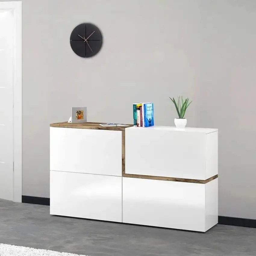 Credenza moderna ZET 150 con 4 ante ribalta, colore bianco acero pereira