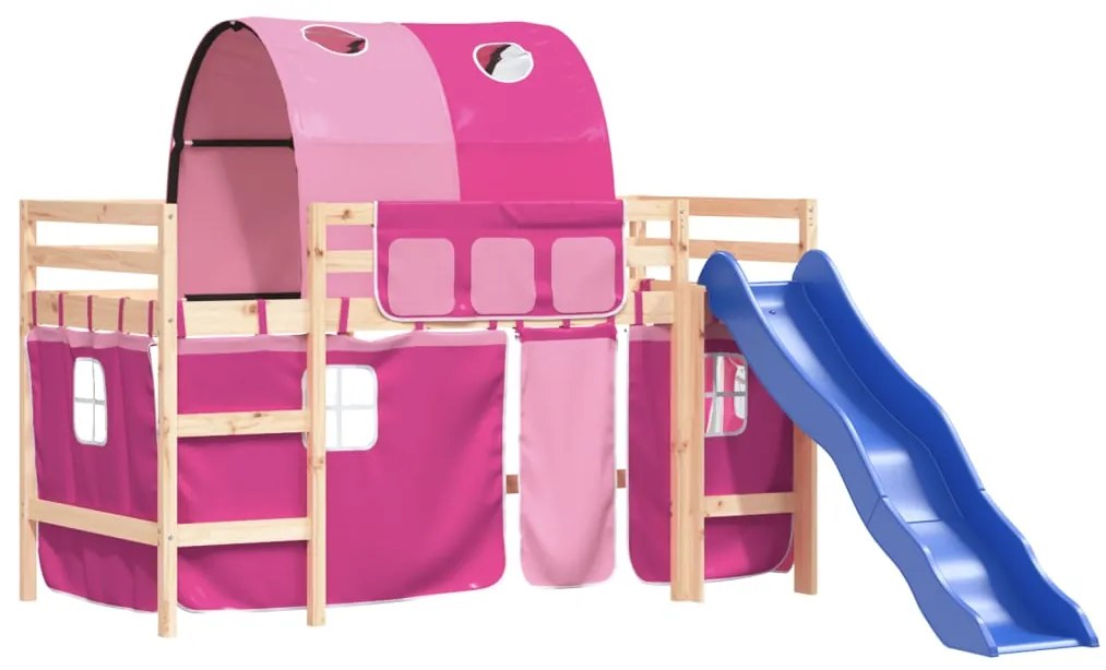 Letto a soppalco con tunnel bambini rosa 90x190cm massello pino