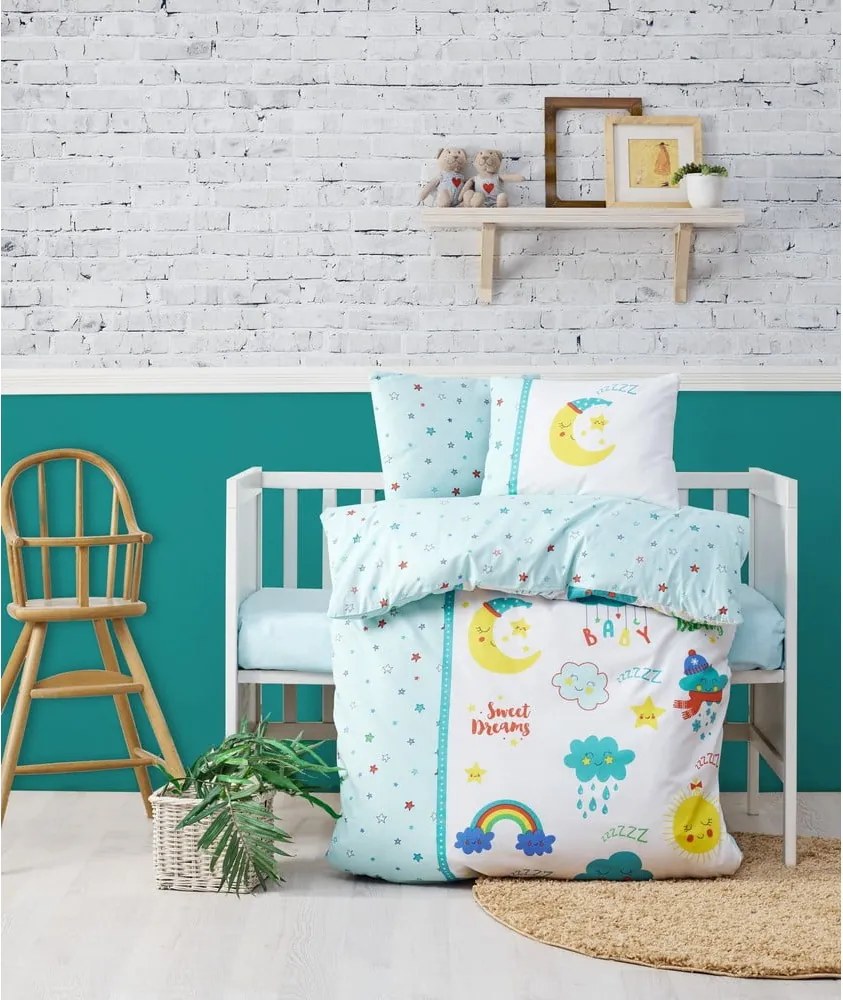 Set copripiumino e federa da bambini bianco/color menta in cotone renforcé per culla con lenzuolo incluso/4 pezzi 100x150 cm – Mijolnir