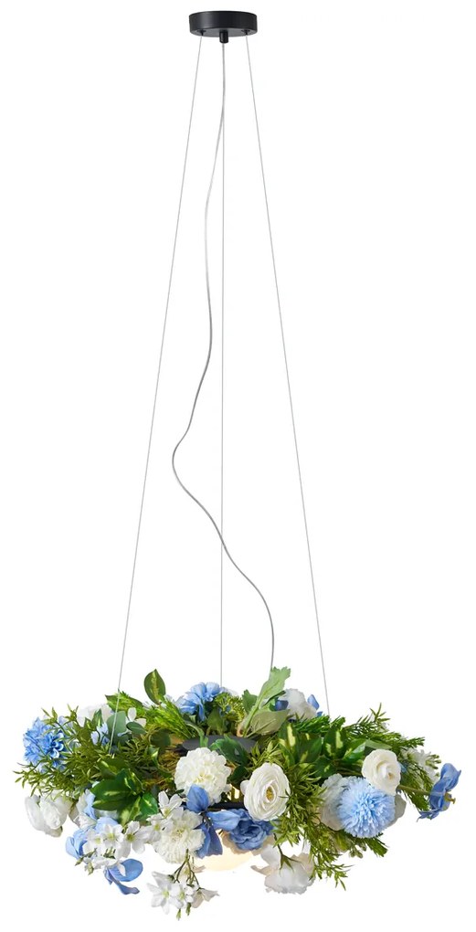 Lampada a sospensione bohémien nera con fiori colorati blu e bianco - Flower Power