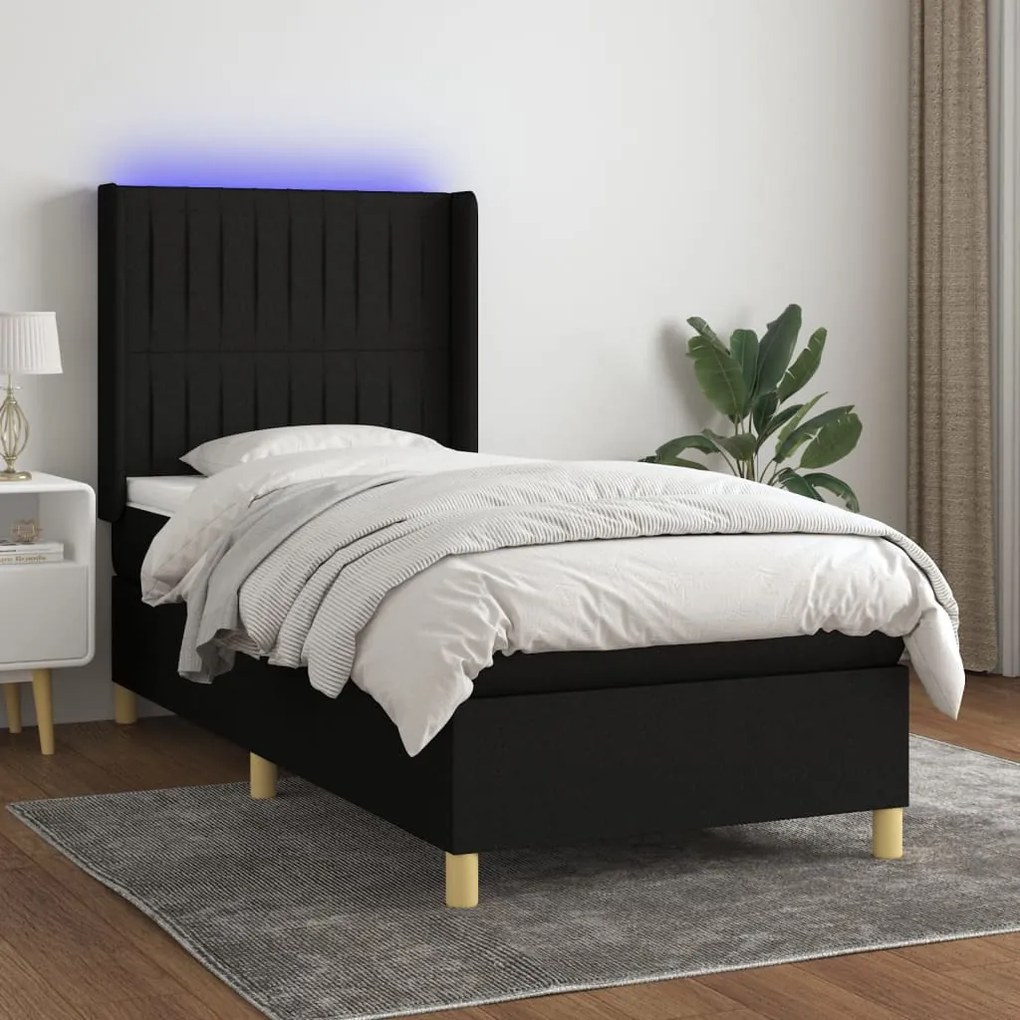 Letto a molle con materasso e led nero 90x200 cm in tessuto