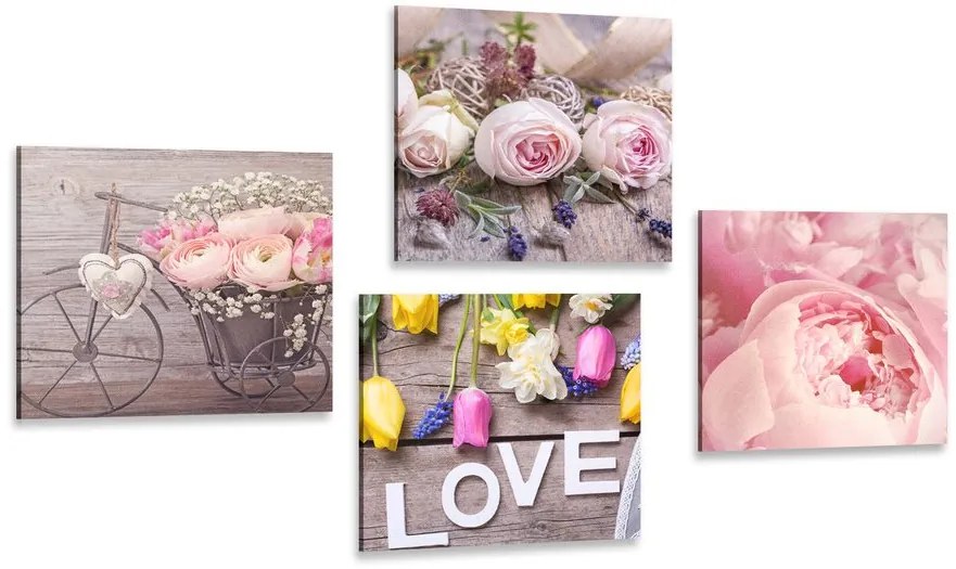 Set di quadri – Natura morta floreale delicata con scritta Love