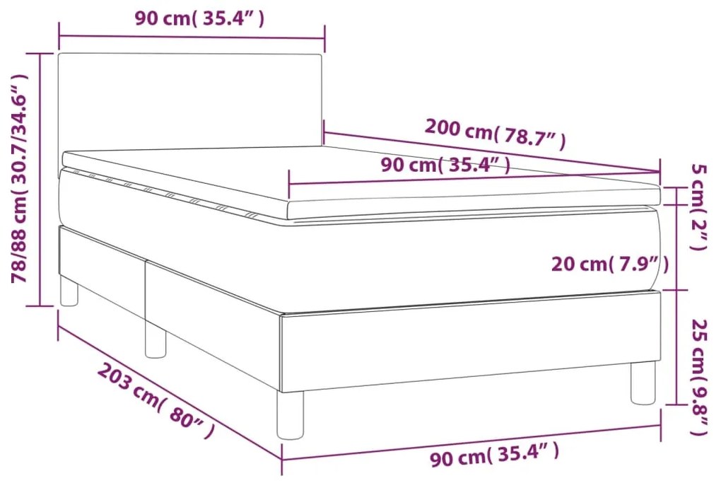 Letto a Molle con Materasso e LED Blu Scuro 90x200cm in Velluto