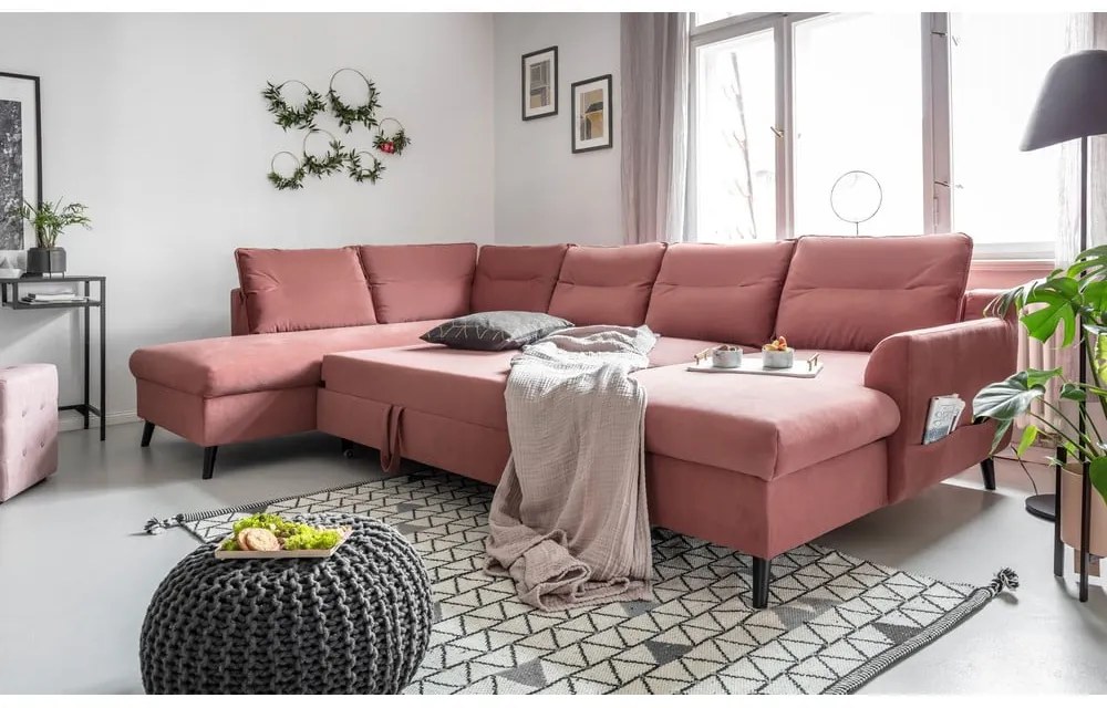 Divano letto a U in velluto rosa, angolo sinistro Stylish Stan - Miuform
