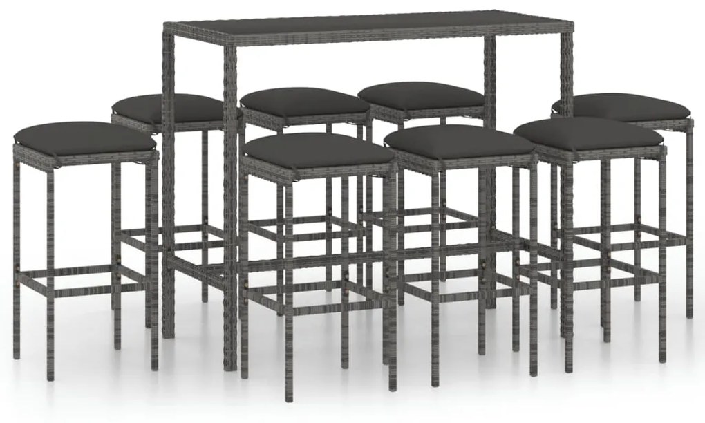 Set da Bar da Giardino 9 pz con Cuscini in Polyrattan Grigio