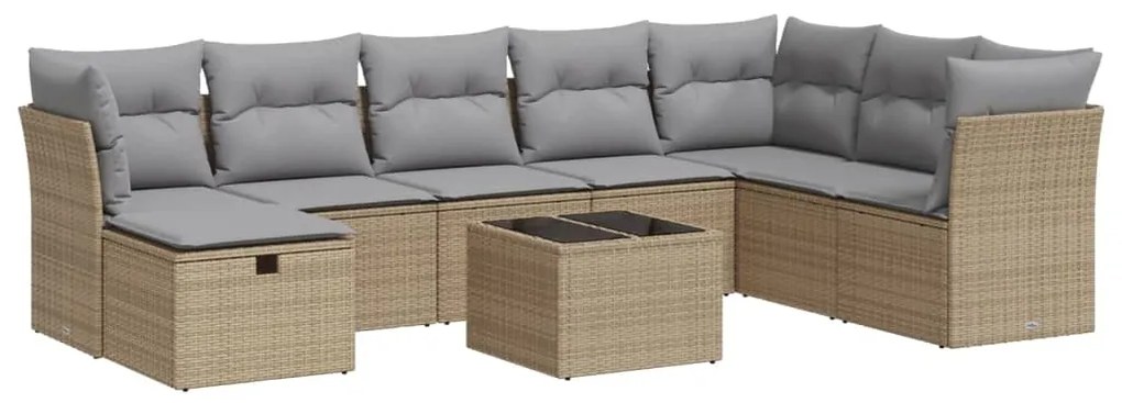 Set divano da giardino 9 pz con cuscini beige in polyrattan