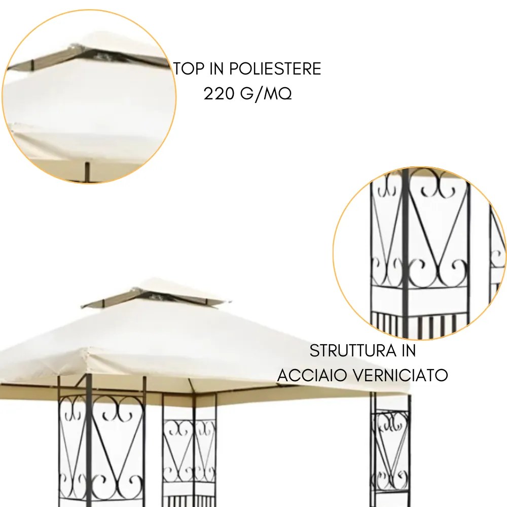 Gazebo da Giardino 3x3 Telo Poliestere 220 g/mq Ecrù, Struttura in Acciaio Verniciato, Doppio Tetto con Pannelli Laterali Decorati