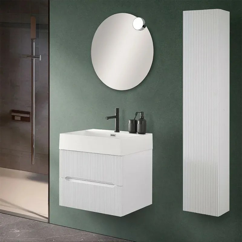 Mobile bagno sospeso cannettato 60 cm bianco opaco con specchio Bali