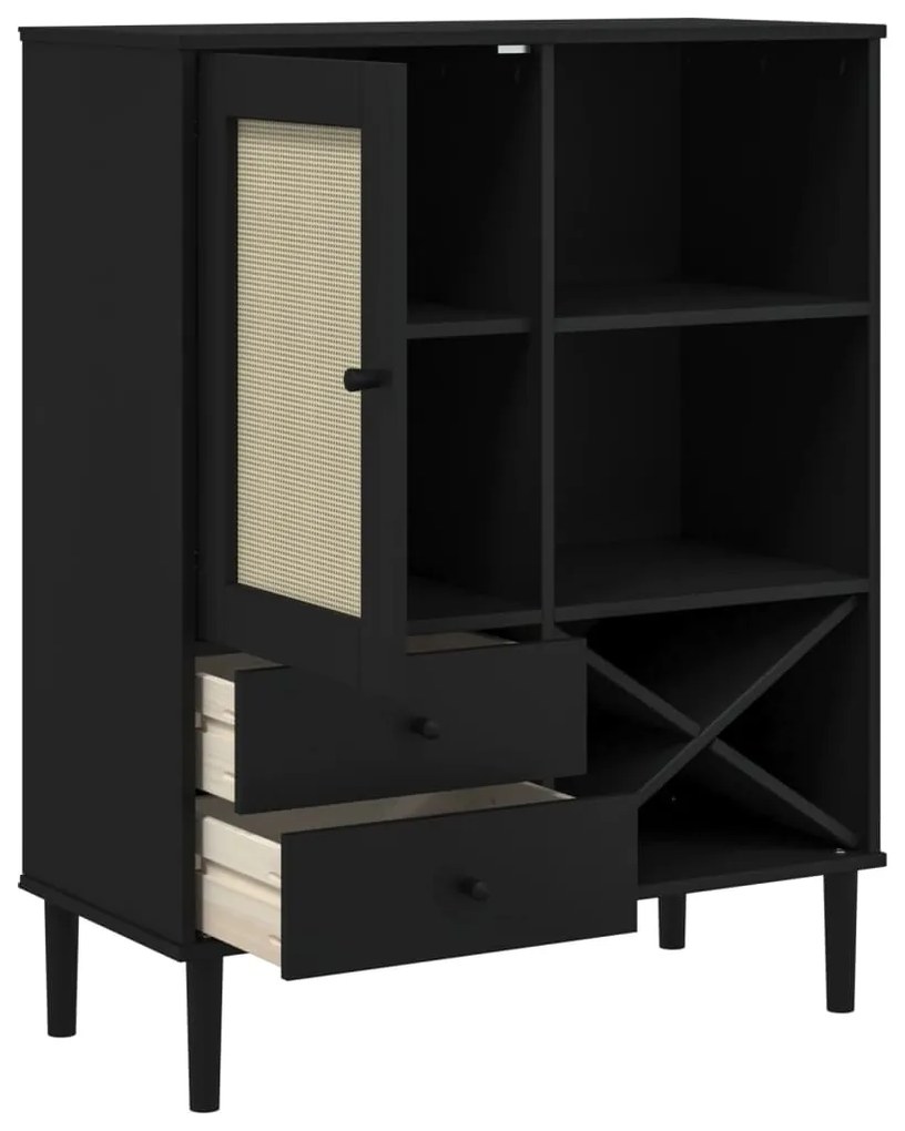 Credenza SENJA Aspetto Rattan Nero 90x40x112 cm Massello Pino