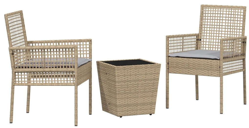 Set bistro da giardino 3 pezzi con cuscini beige in polyrattan