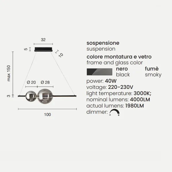 Lampada a sospensione FUFI a LED in metallo D100 cm con 2 diffusori a palla NERO