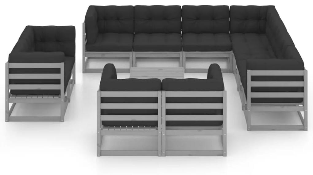 Set divani da giardino 12pz con cuscini grigio massello di pino