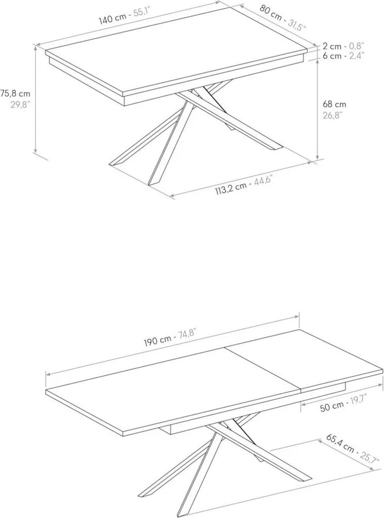 Tavolo VOLPAIA in legno, finitura bianco frassinato e base in metallo verniciato bianco, allungabile 140&#215;80 cm &#8211; 190&#215;80 cm