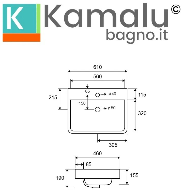 Kamalu - lavabo semi incasso rettangolare bianco | litos-460