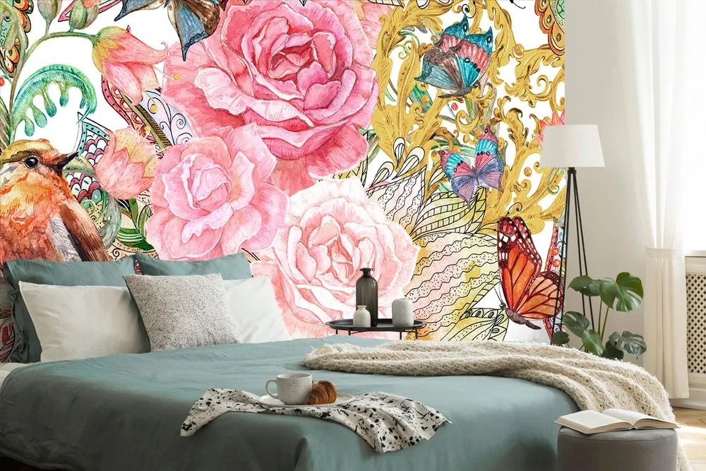 Carta da parati – Uccellino vintage con fiori