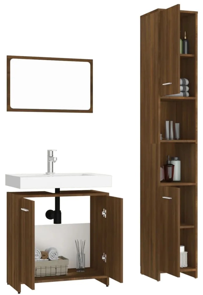 Set mobili da bagno 3 pz rovere marrone in legno multistrato