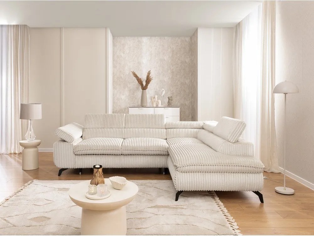 Divano angolare color crema (con penisola a destra/a L) con rivestimento in velluto a coste Marbeya – Ropez