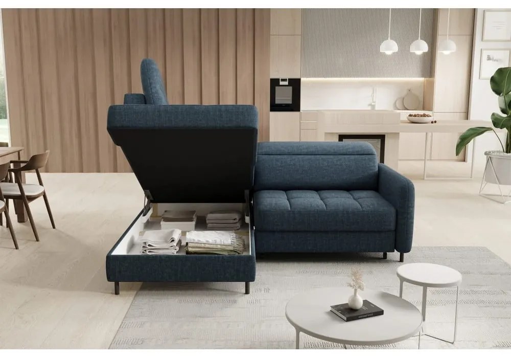 Divano angolare blu allungabile/con contenitore (con penisola a sinistra/a L) e rivestimento in velluto Barea – ELTAP
