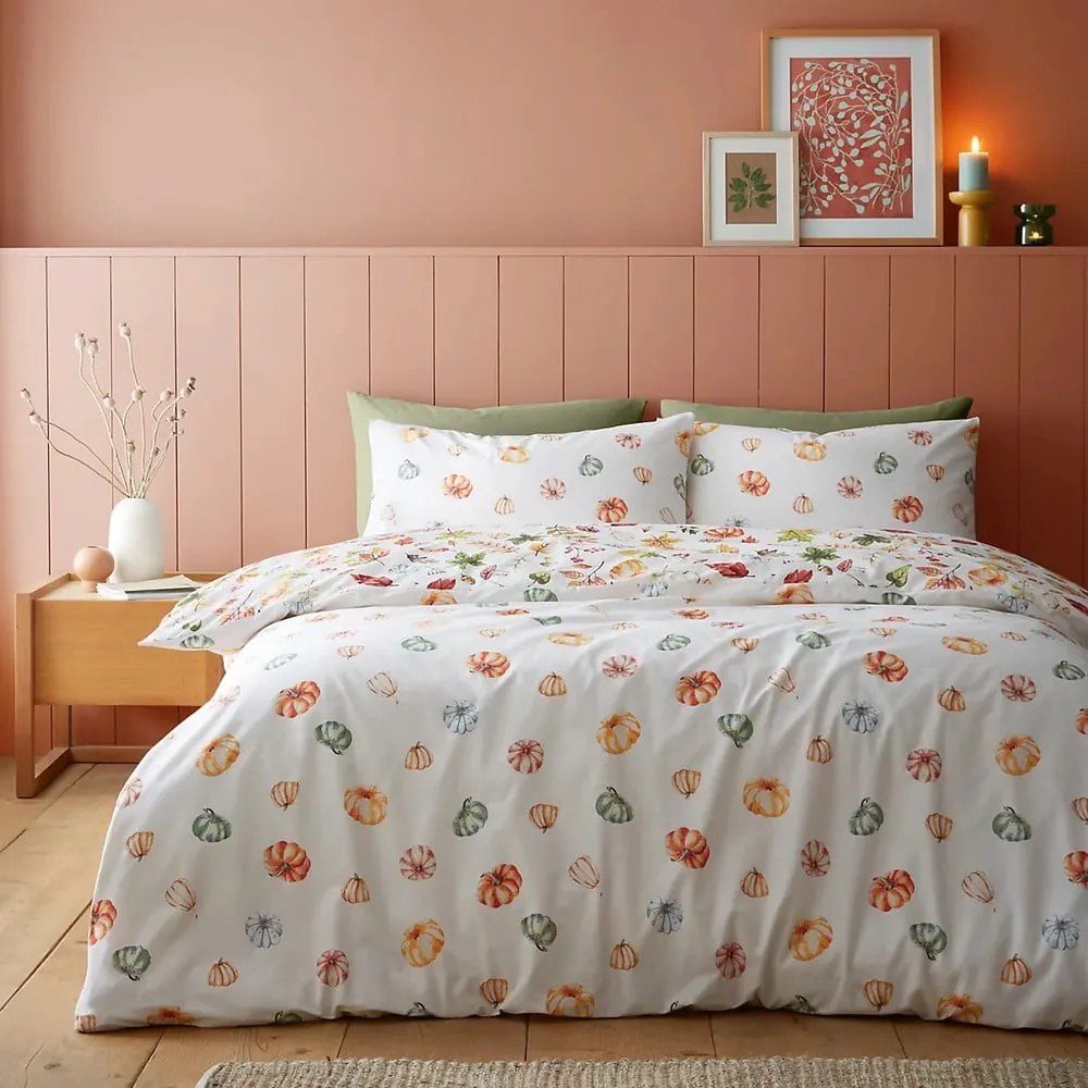 Biancheria da letto bianca/arancione per letto matrimoniale 200x200 cm Autumn Pumpkins – Catherine Lansfield