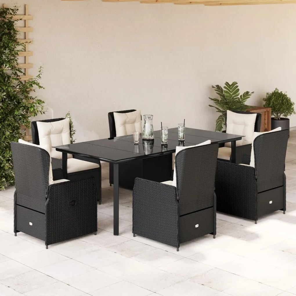 Set da pranzo da giardino 7 pz nero con cuscini in polyrattan