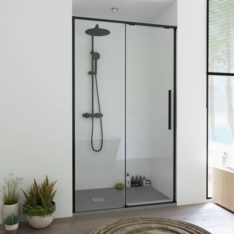 Porta doccia scorrevole L 138-140 cm x H 200 cm per nicchia in vetro trasparente SP. 8 mm, profilo opaco nero, serie Fit