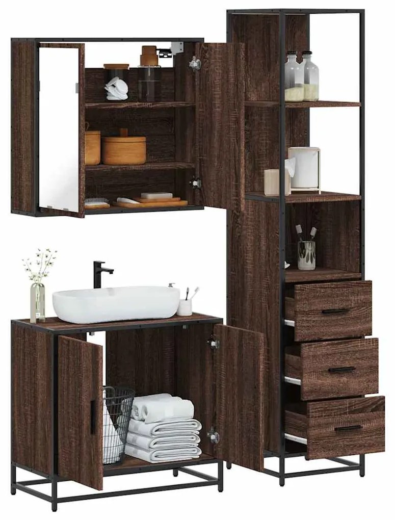 Set Mobili Da Bagno 3 Pz Rovere Marrone İn Legno Multistrato /