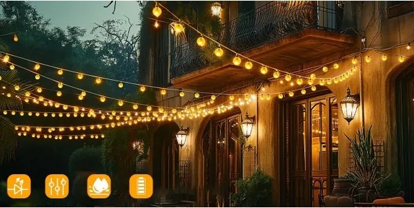 Catena luminosa solare a LED, 50 LED, 8 funzioni, 500 mAh, 9,5 m, IP67, bianco caldo