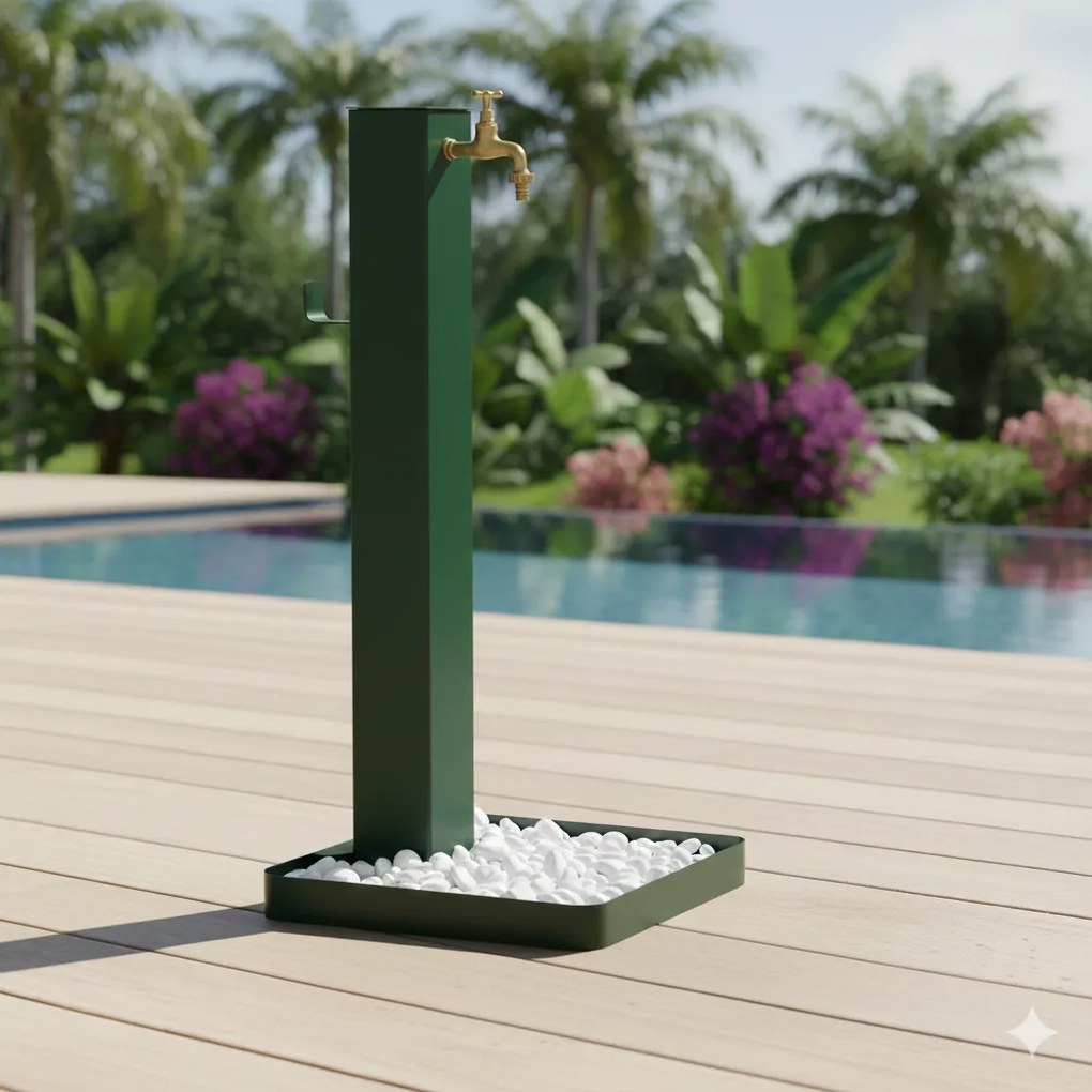 Fontana da Giardino Design a Colonna Quadrata Rubinetto in Ottone e Base con Ciottoli Verde...
