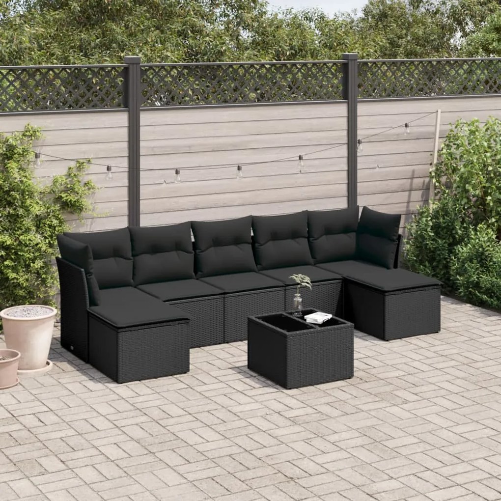 Set divani da giardino con cuscini 8 pz nero in polyrattan