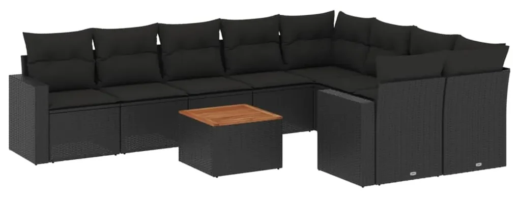 Set divani da giardino 10pz con cuscini in polyrattan nero