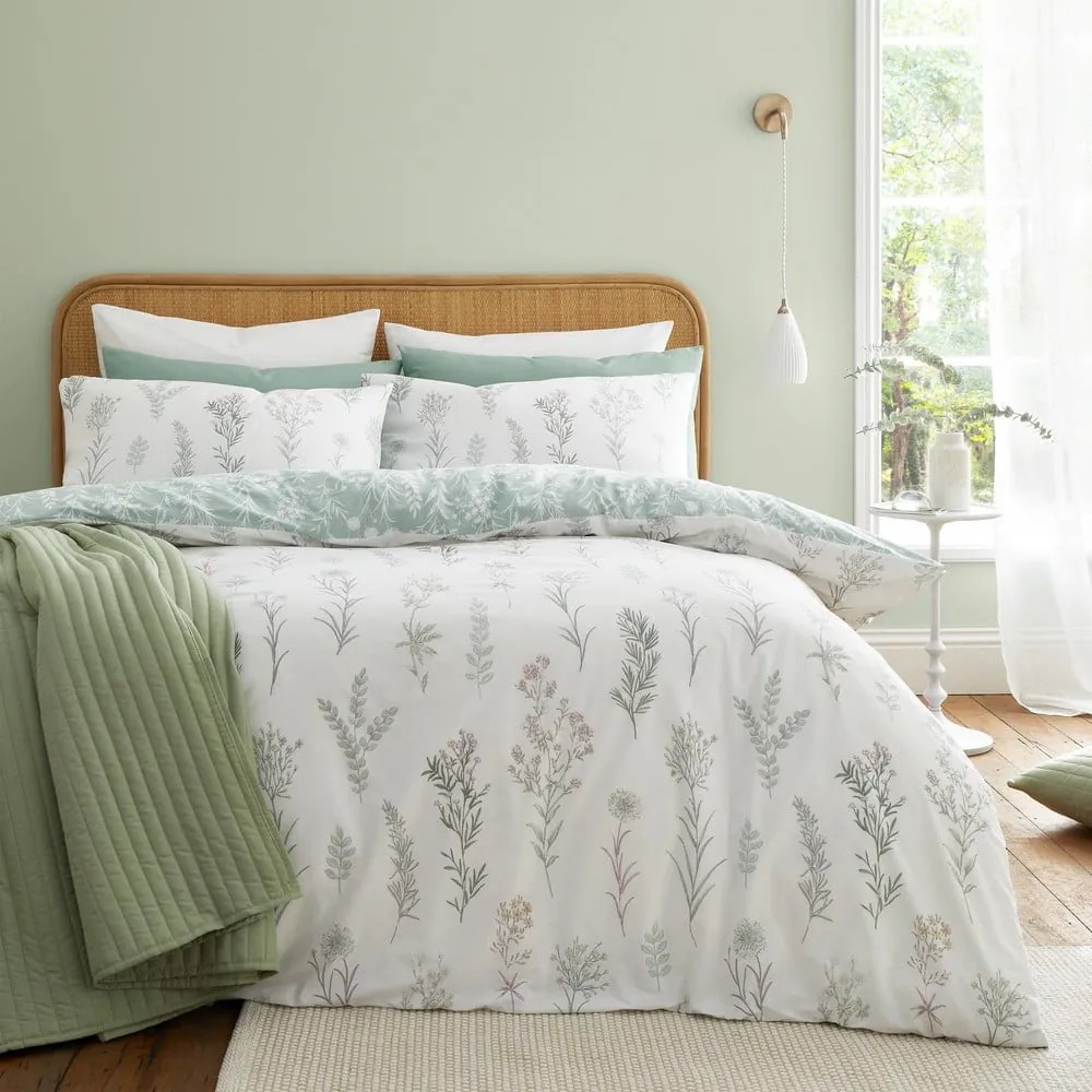 Set copripiumino e federa bianco/verde in percalle di cotone per letto matrimoniale 200x200 cm Wild Flowers – Bianca