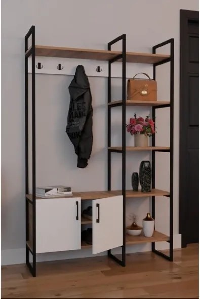Mobile Ingresso Industrial 120x34x180 Con Scarpiera Appendiabiti E Ripiani Yago Bianco E Rovere