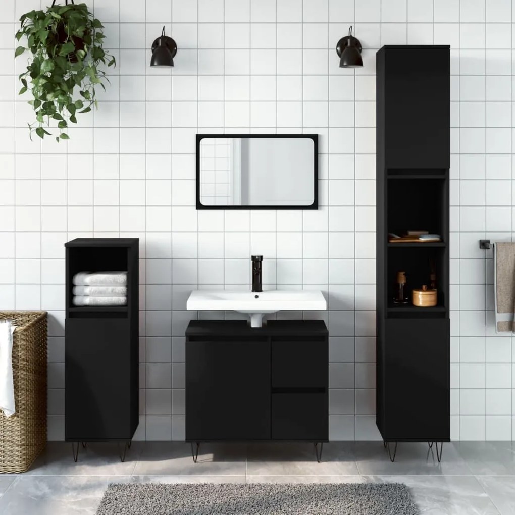 Set mobili da bagno 3 pz nero in legno multistrato