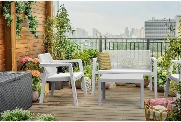 Salottino Da Esterno Bianco In Resina Completo Di Cuscini E Tavolo Emily Lounge Keter