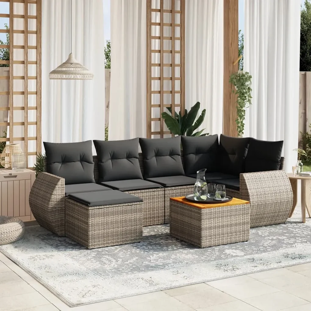 Set divani da giardino 7 pz con cuscini grigio in polyrattan