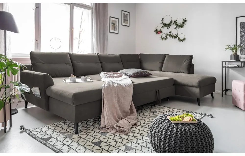 Divano letto a U in velluto grigio scuro, angolo destro Stylish Stan - Miuform