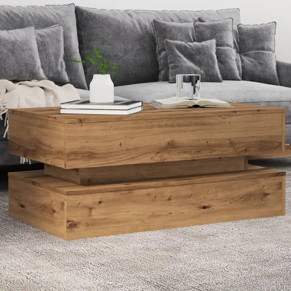 Tavolino da salotto con luci led rovere artigianale 90x50x40 cm