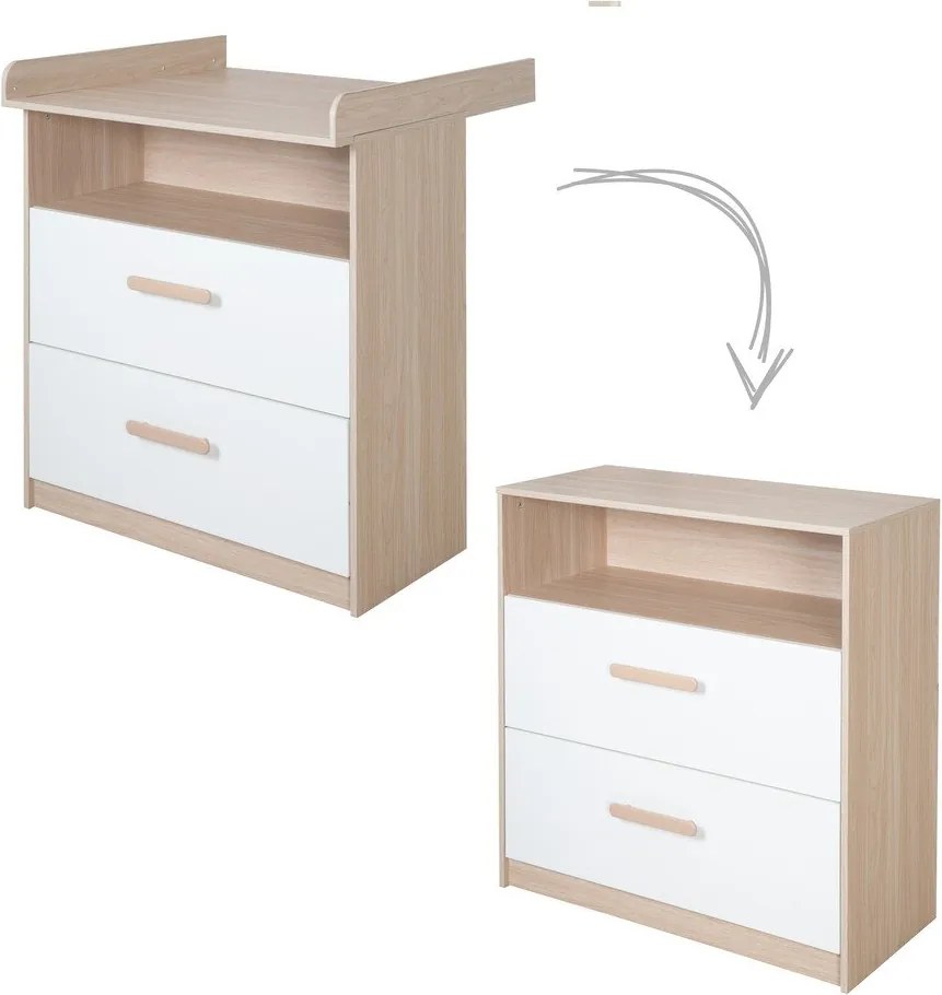 Cassettiera per bambini bianca/di colore naturale con effetto rovere con fasciatoio 88x98x75 cm Cabane – Roba